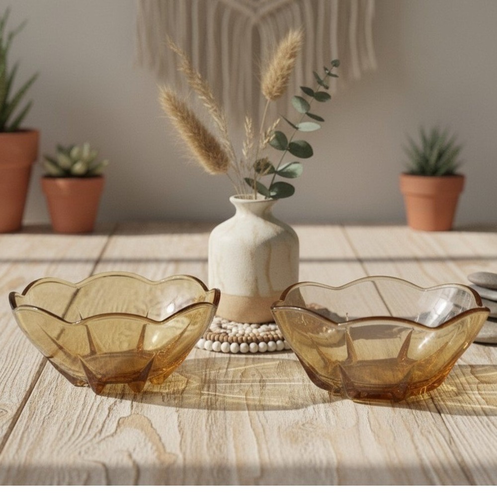Anchor Hocking Amber Berry‎ Bowls, Set of 2, Vintage Yellow Paneled Design